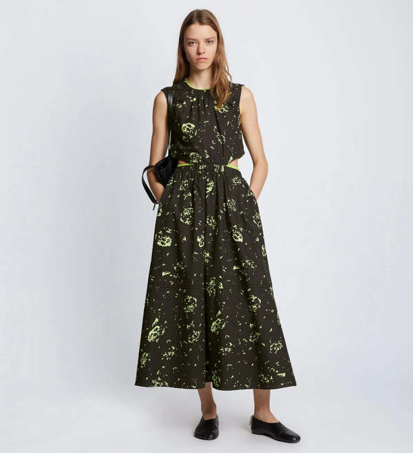 Proenza Schouler Poplin Cutout Midi Dress - Black/Lime Green | Garmentory