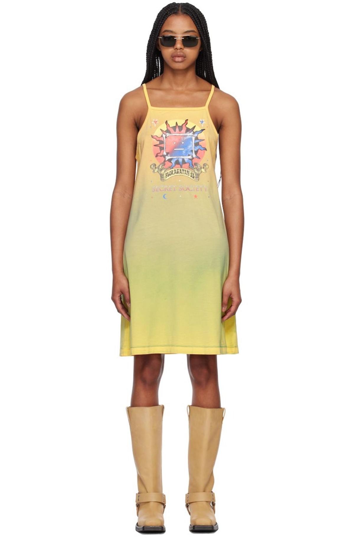 Acne Studios Printed Midi Dress - Yellow/Brown | Garmentory