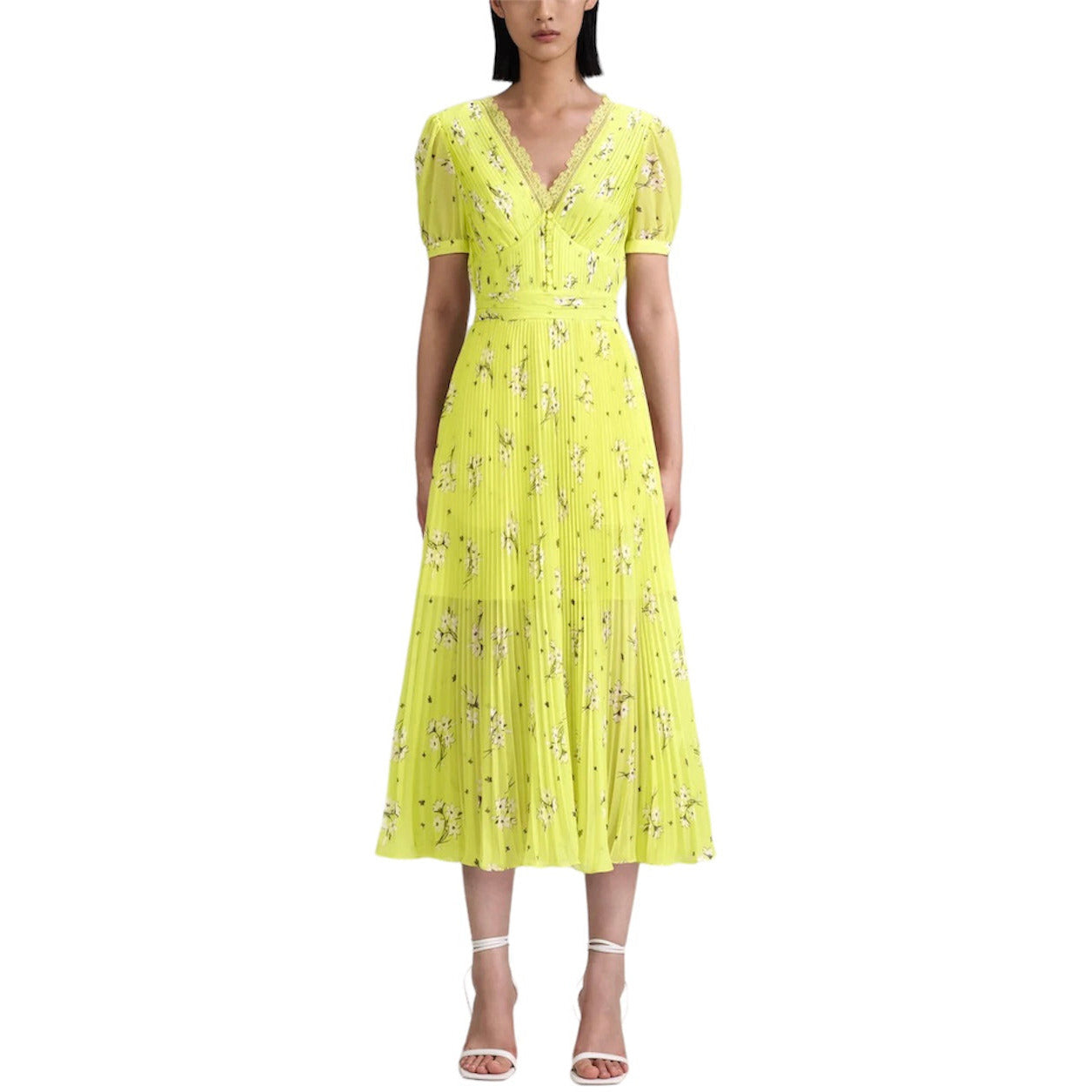 Self-Portrait Lime Floral Chiffon Dress - Green | Garmentory