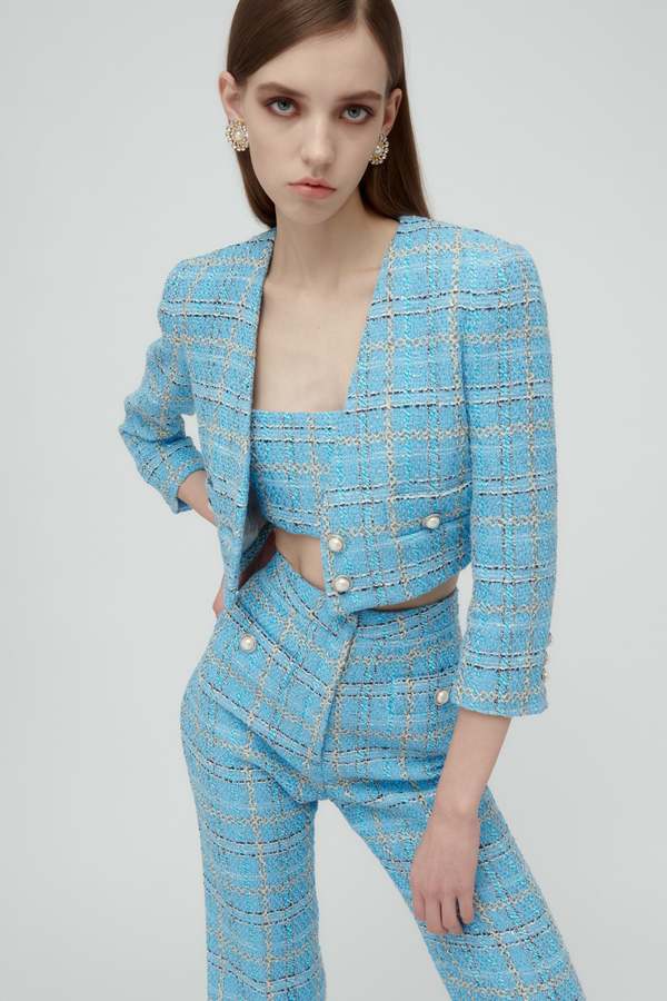 ALESSANDRA RICH Checked Tweed Cropped Jacket - Light Blue