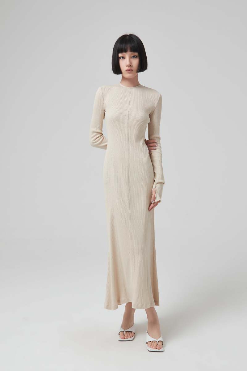 Mame Kurogouchi Crew Neck Open Back Ribbed Jersey Dress - Beige  