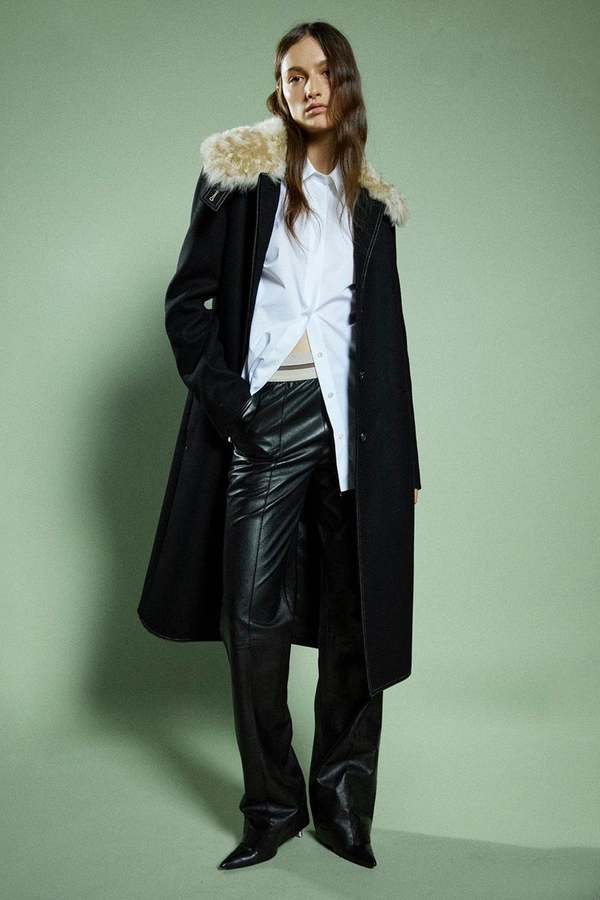 Helmut Lang FUR COLLAR COAT.DENS - Black | Garmentory