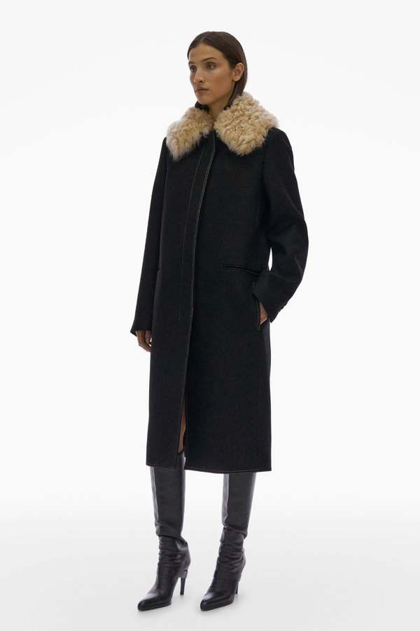 Helmut Lang FUR COLLAR COAT.DENS - Black | Garmentory