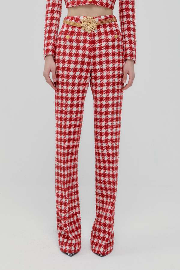 Alessandra Rich Vichy Tweed Flared Trousers - Red/White