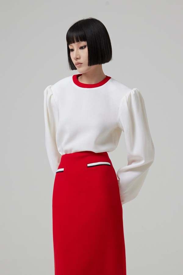 ROWEN ROSE Wool Round Neck Bodysuit with Contrasted Details