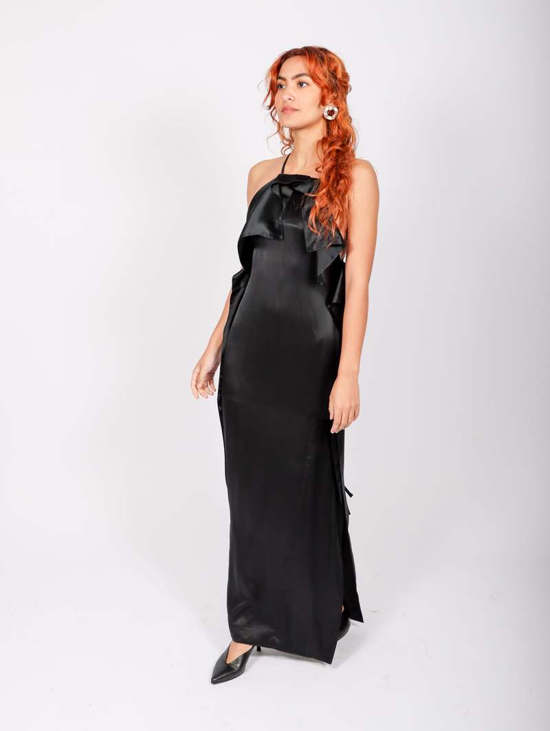 ★TILL I DIE★ Shirring long dress TISU02OP06_Black Elegant Long Sleeve V Neck Shirring Maxi Dress - Petallush