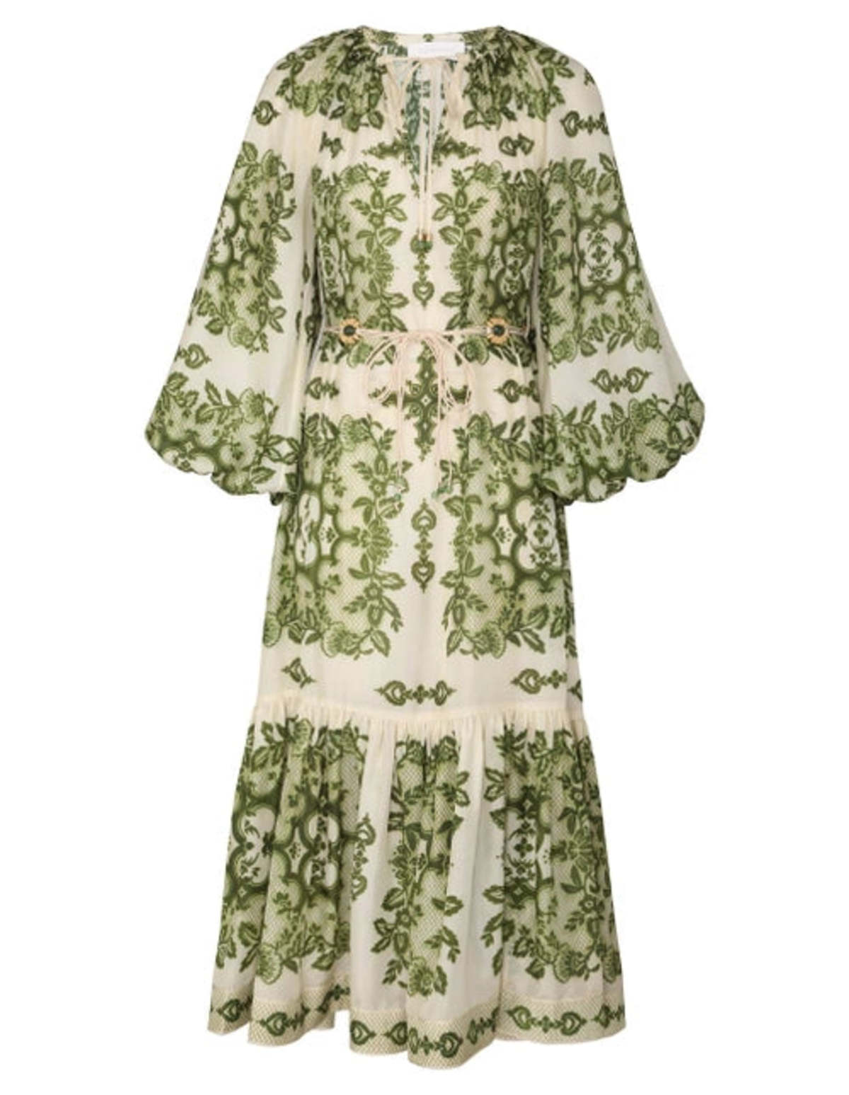 Zimmermann Raie Tiered Billow Midi Dress - Green Damask | Garmentory
