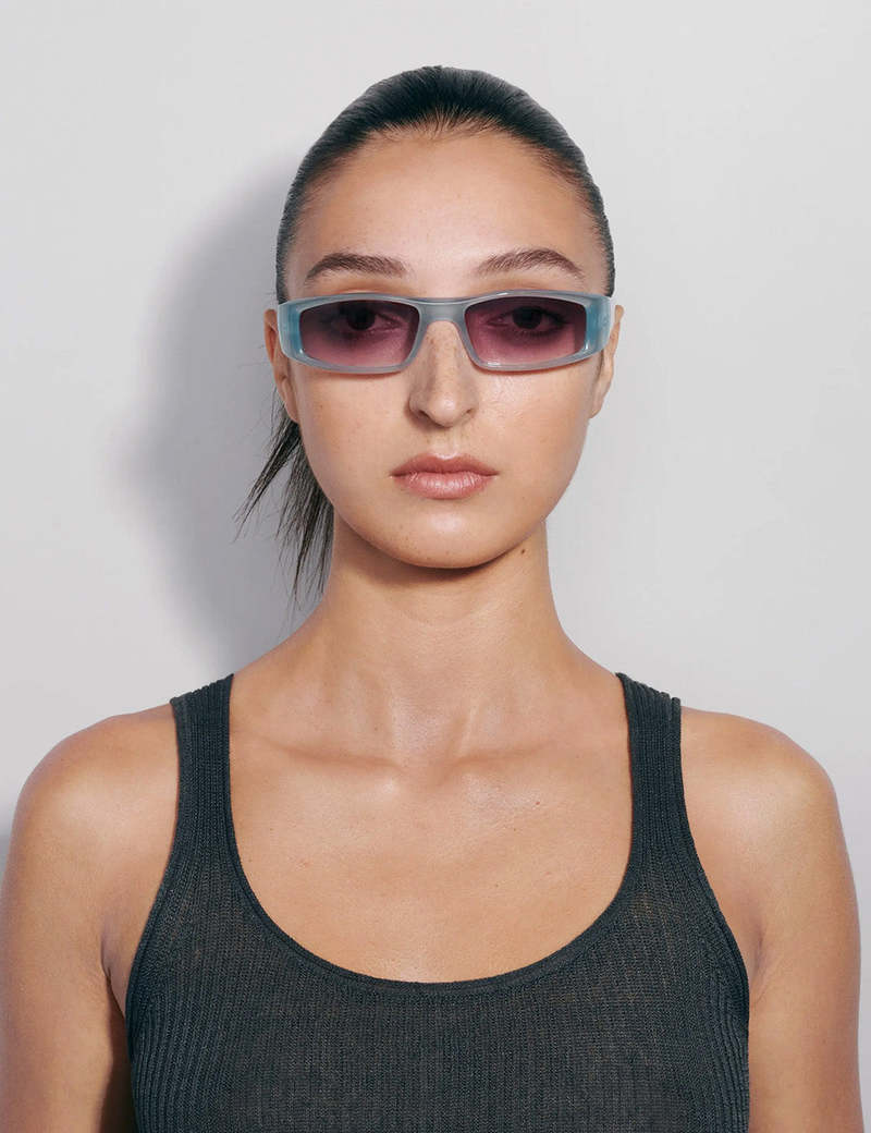 Chimi Jet Sunglasses in Soft Blue Rectangular Shape with purple / pink lens 04 Blue Sunglasses – CHIMI main image 4
