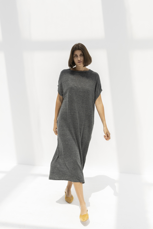 Ichi Antiquites Linen Knit Dress - Charcoal | Garmentory