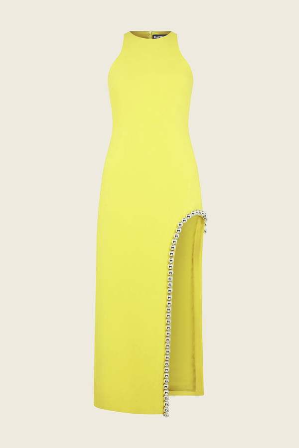 David Koma Metal Ball Chain Midi Dress - Neon Yellow | Garmentory