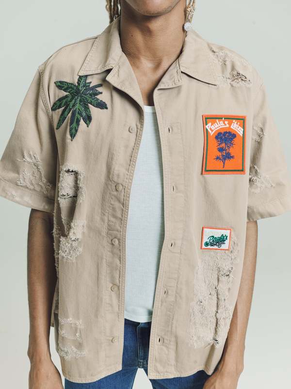 Paula's Ibiza Loewe Ripped Leaf Patch Short Sleeve Shirt - Beige