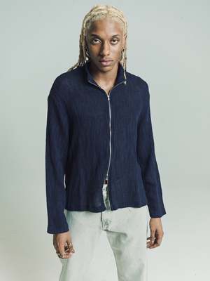 Our Legacy Yawning Linen Shrunken Fullzip Polo - Navy | Garmentory