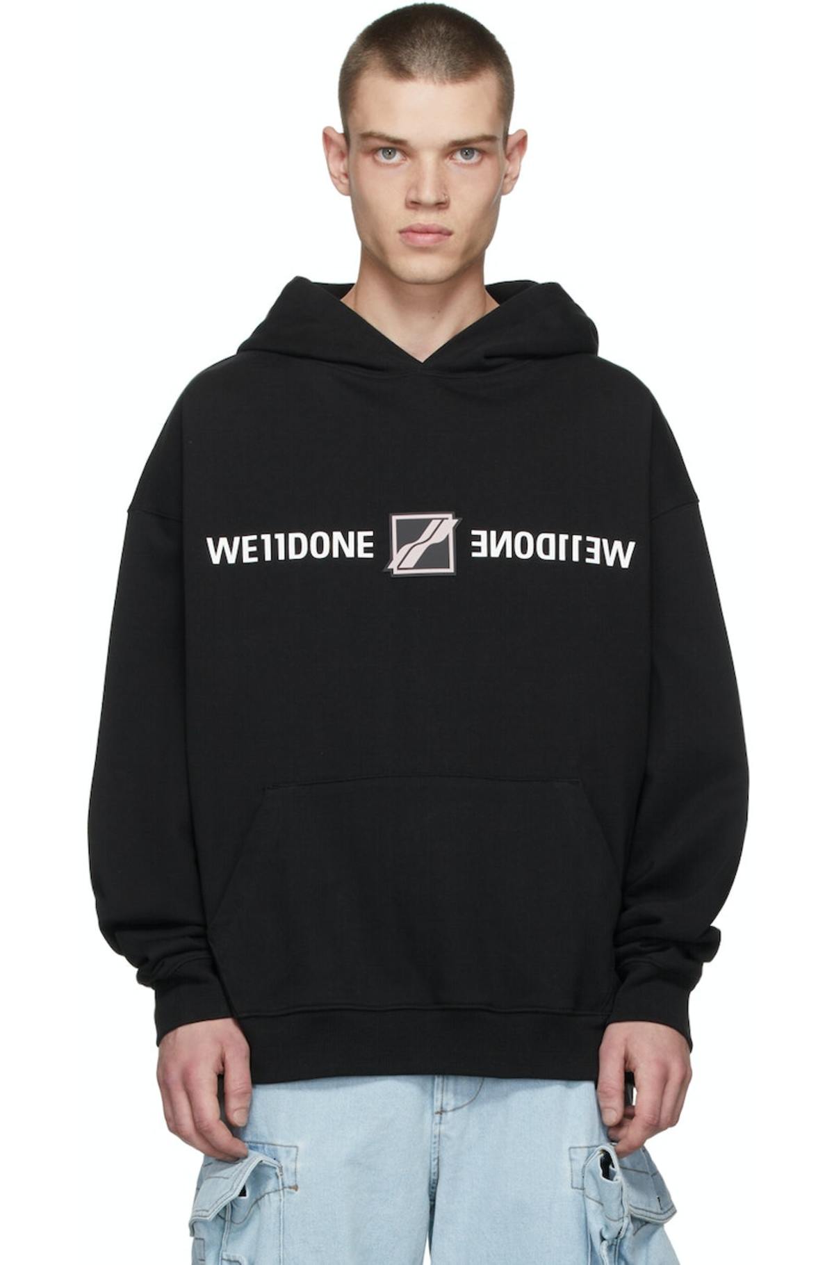 We11done Black Patched Mirror Logo Hoodie | Garmentory