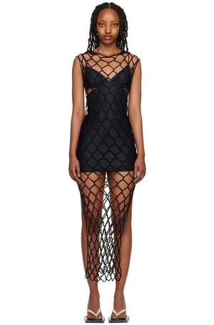 black crochet beaded dress 3/4 Sleeve Mesh Embroidered Column Dress with Heat Set Beads  Camille La  Vie