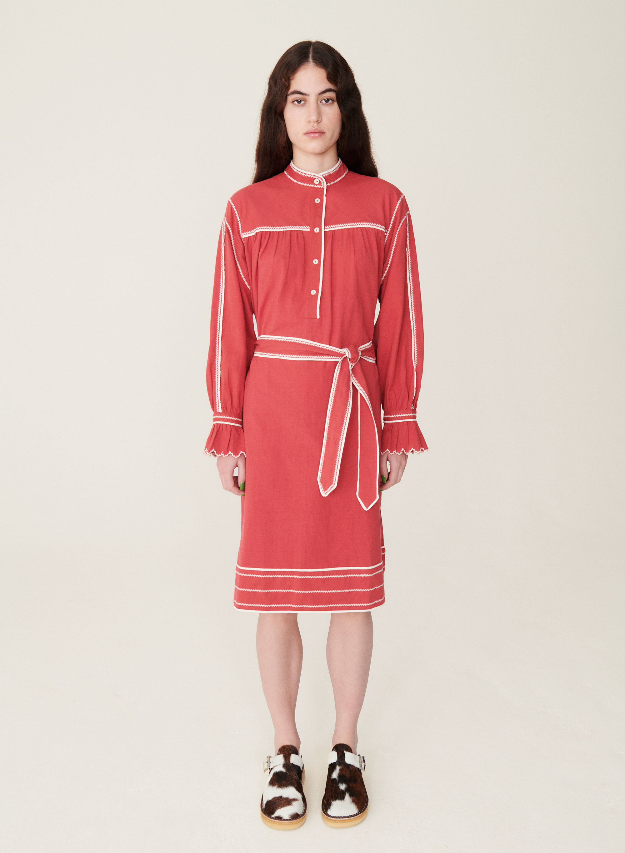 YMC Abery Cotton Linen Belted Dress - Red | Garmentory