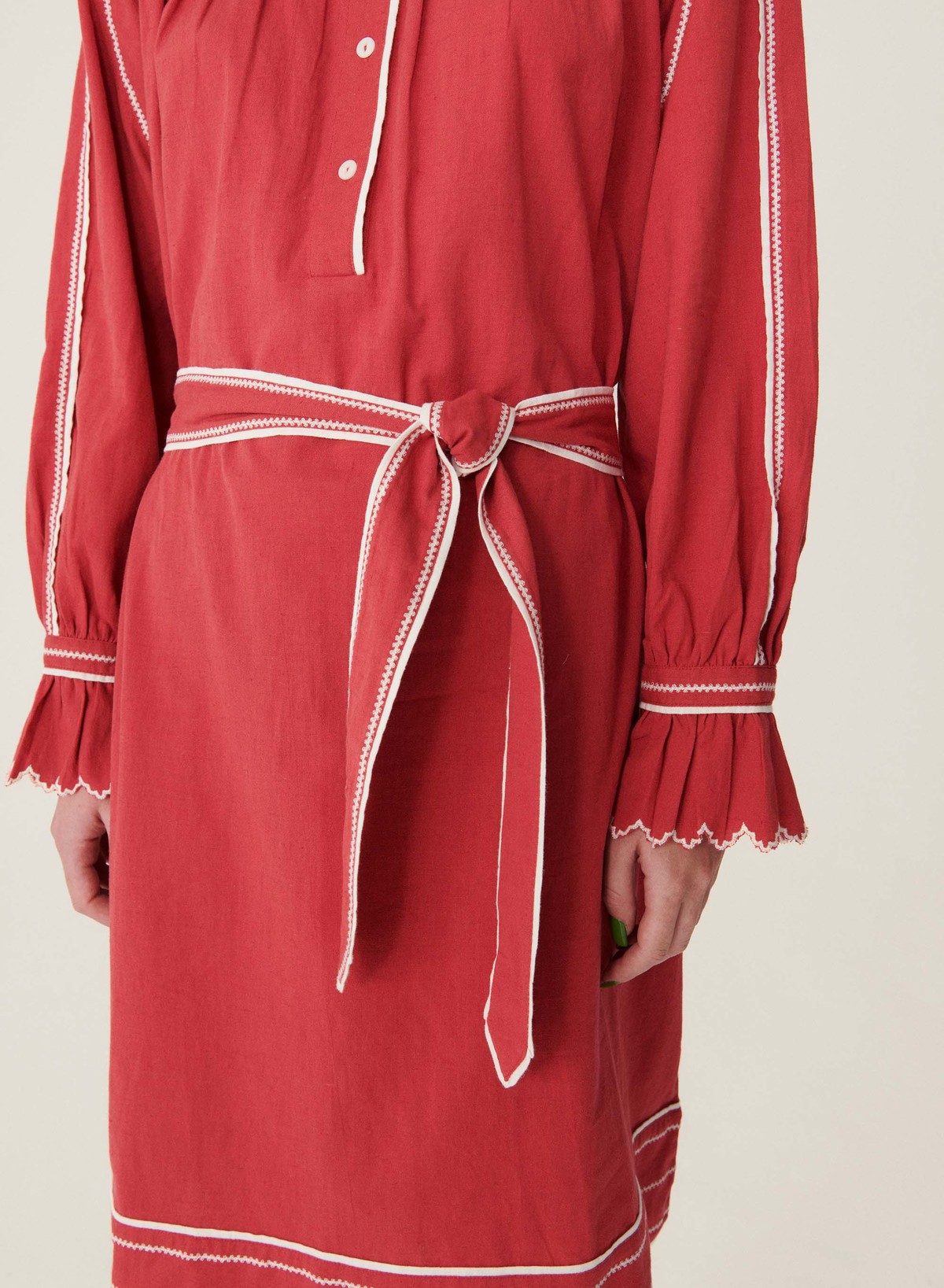 chinese dress ladies Red Linen Smocked Back with Self Tie Dress Large