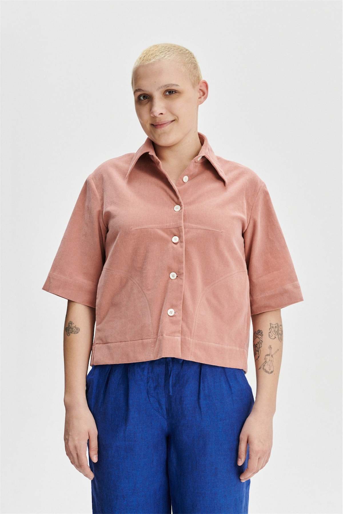 Pink Corduroy Short Sleeve Button Up Short Sleeve Corduroy Pearl