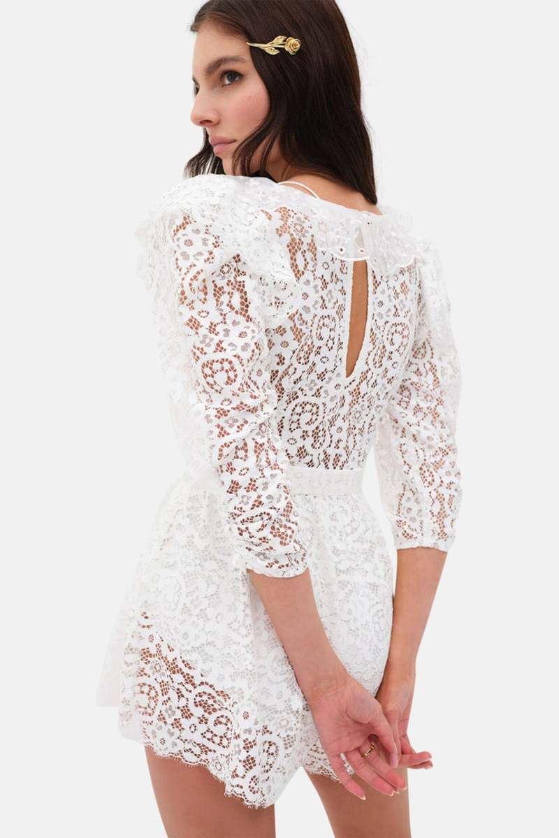 For love & lemons ホワイトレースハイロースリップドレス