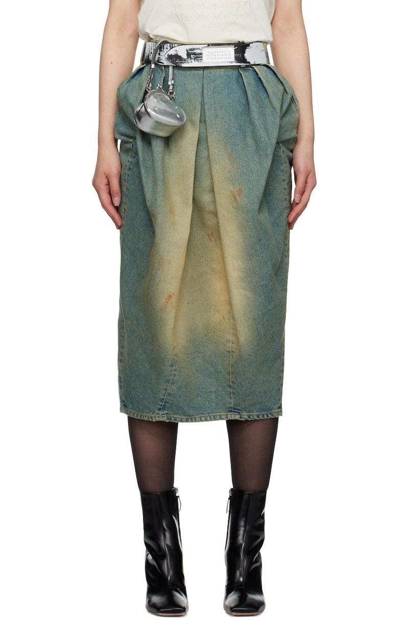 Maison Margiela Pleated Denim Midi Skirt - Blue | Garmentory