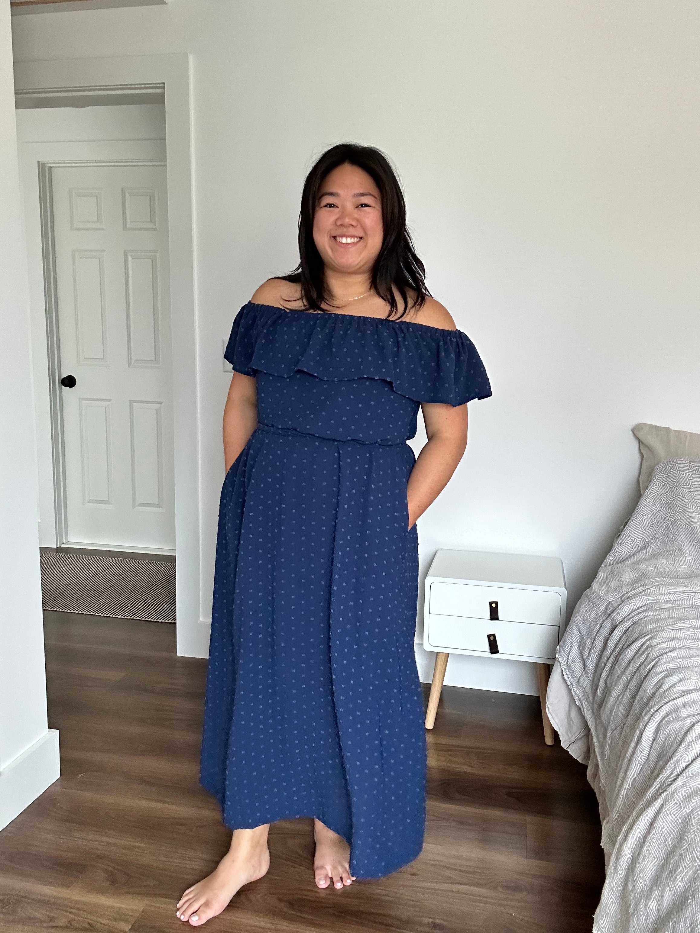 blue suit with pink dress Retro Navy Blue Polka Dot Off Shoulder Dress main image 0