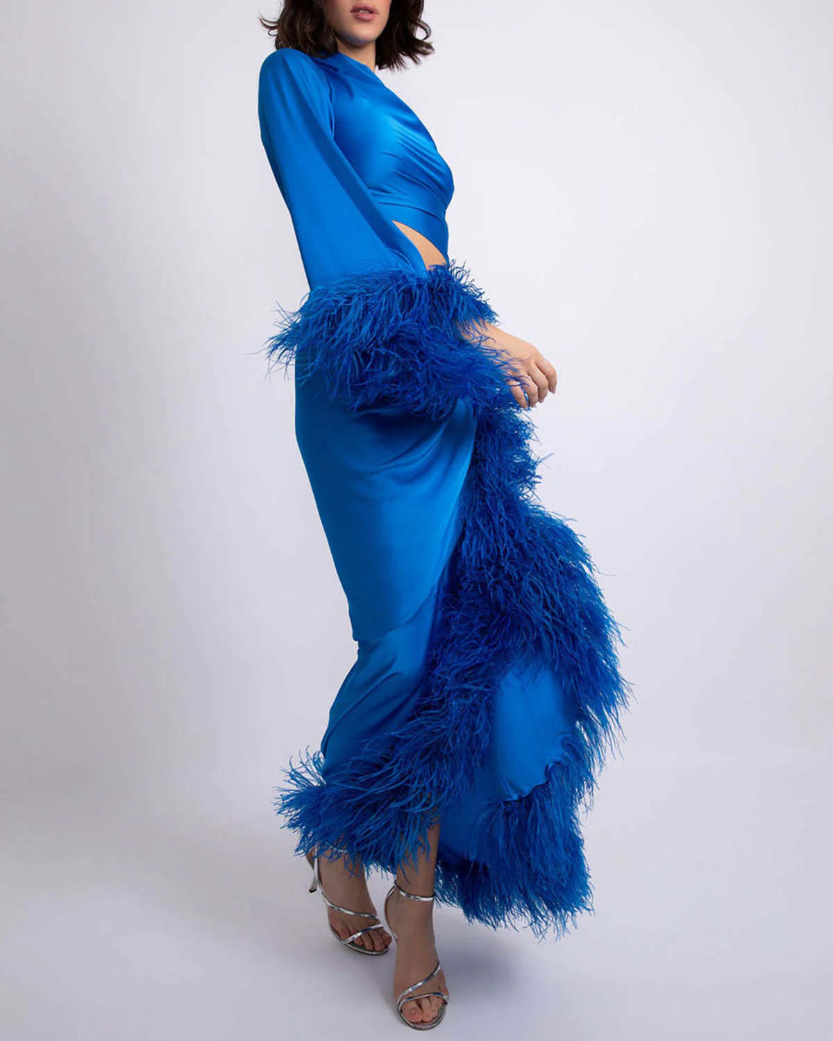 fitted lace wedding dress Not Just Pajama Crystal Blue Bride-To-Be Halter Neck Silk Maxi Dress with Removable Feathers