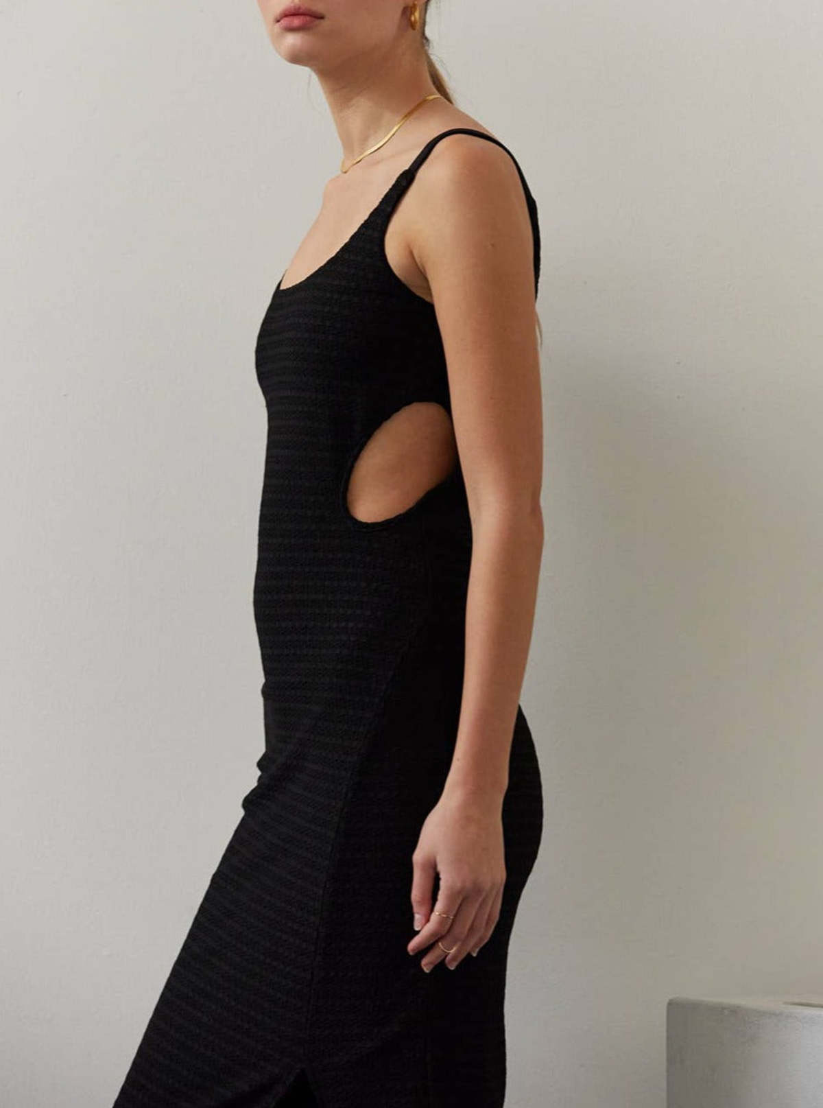 Crescent Textured Knit Cut Out Dress - Black | Garmentory