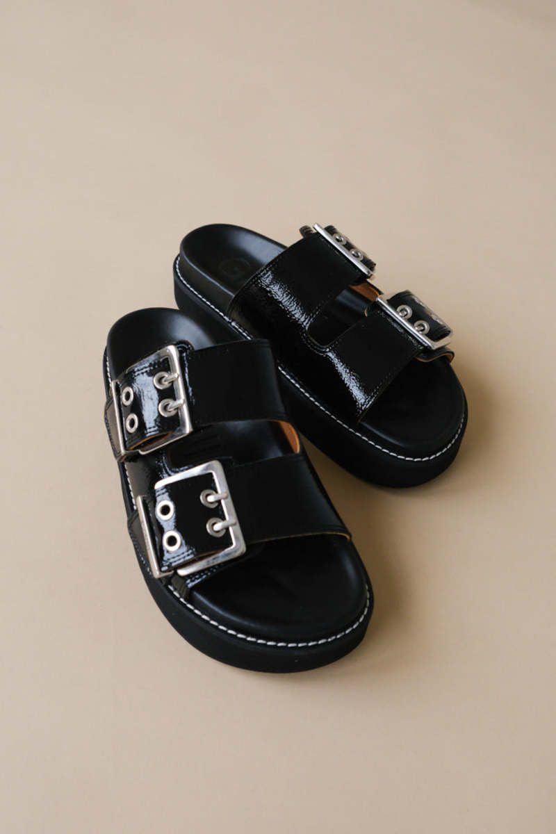 Ganni Wide Welt Chunky Buckle Flat Sandal Naplack | Garmentory