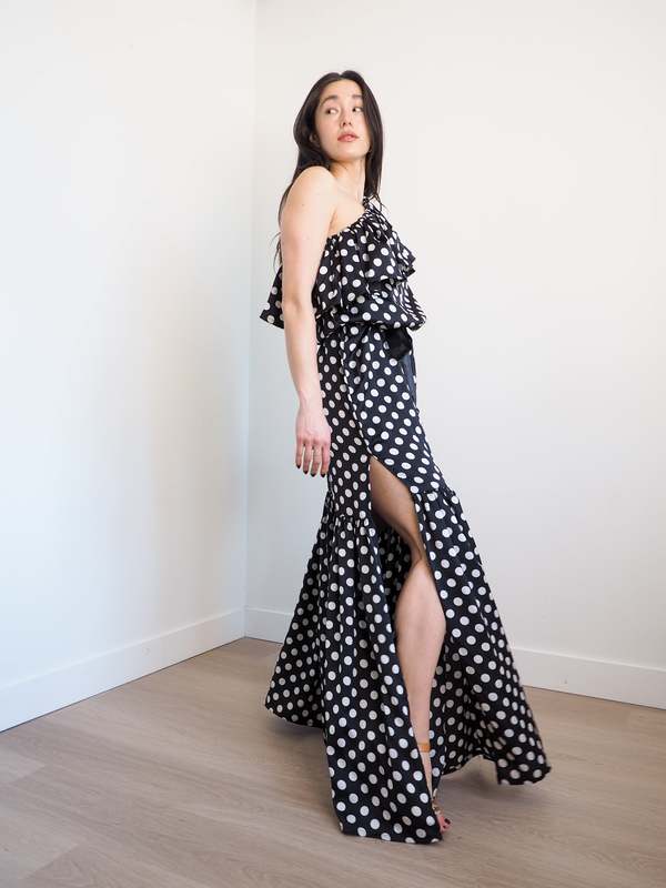 asymmetrical polka dot dress Orla White Polka Dot Asymmetric Ruffled Mini Dress – Club L London main image 0