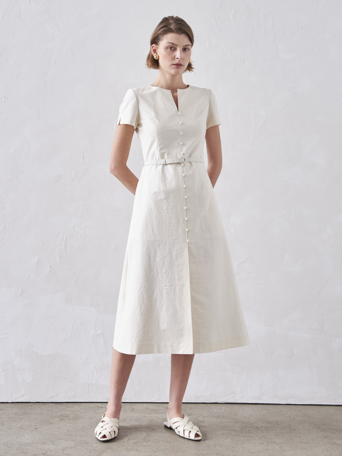 Maison De Ines A-line Button Belted Dress - White | Garmentory