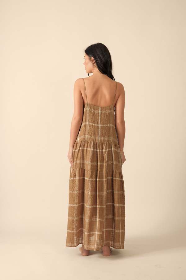 Amente Plaid Spaghetti Tiered Dress - Mocha/Beige | Garmentory Amente Plaid Spaghetti Tiered Dress - Mocha/Beige | Garmentory