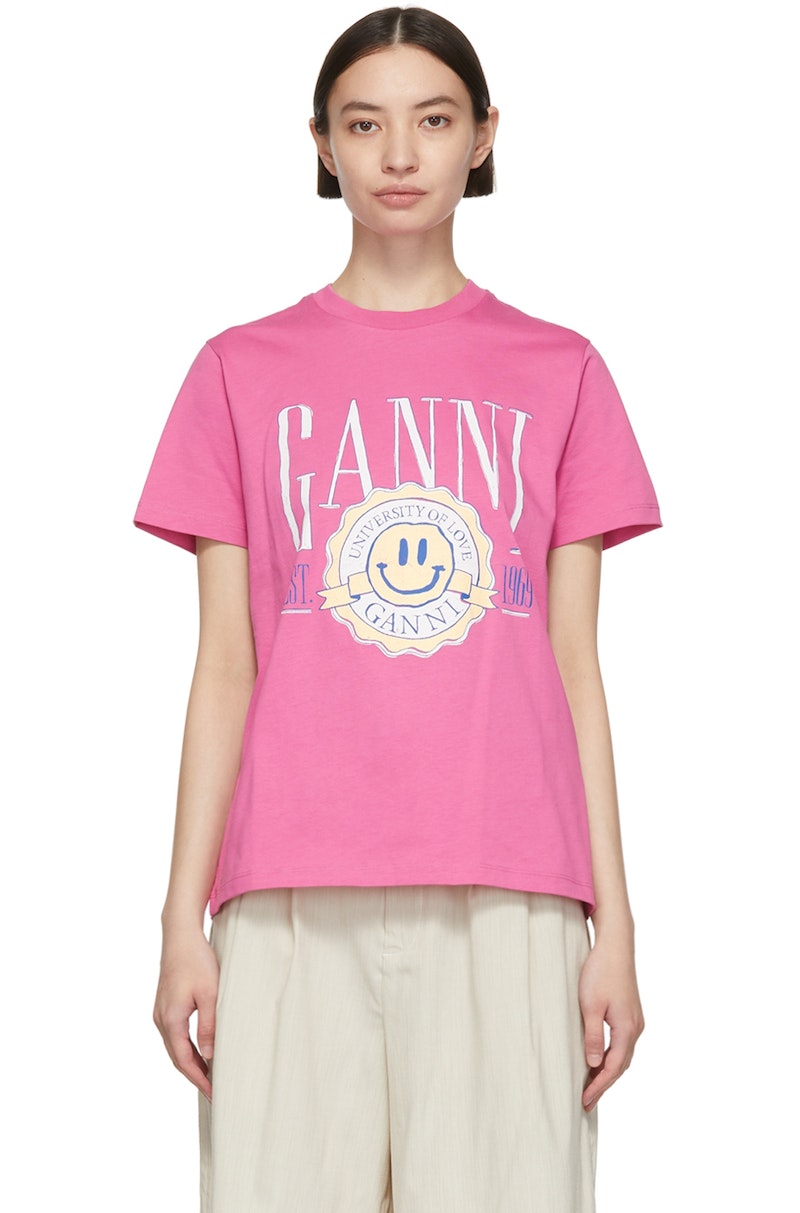【GANNI】コットンジャージー Tシャツ プリント入り ピンク GANNI Pink Organic Cotton T-Shirt | Garmentory