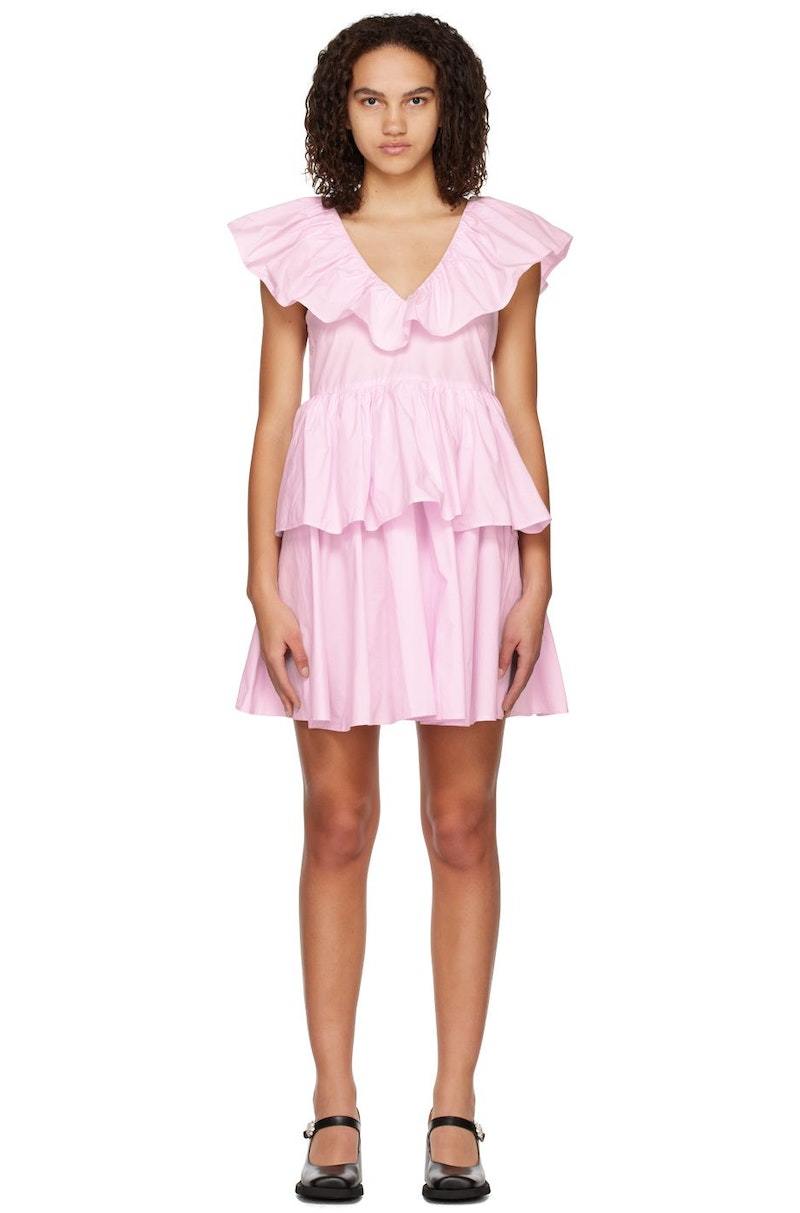 ワンピース Ganni Mini dress with ruffles GANNI Tiered Minidress - Pink | Garmentory