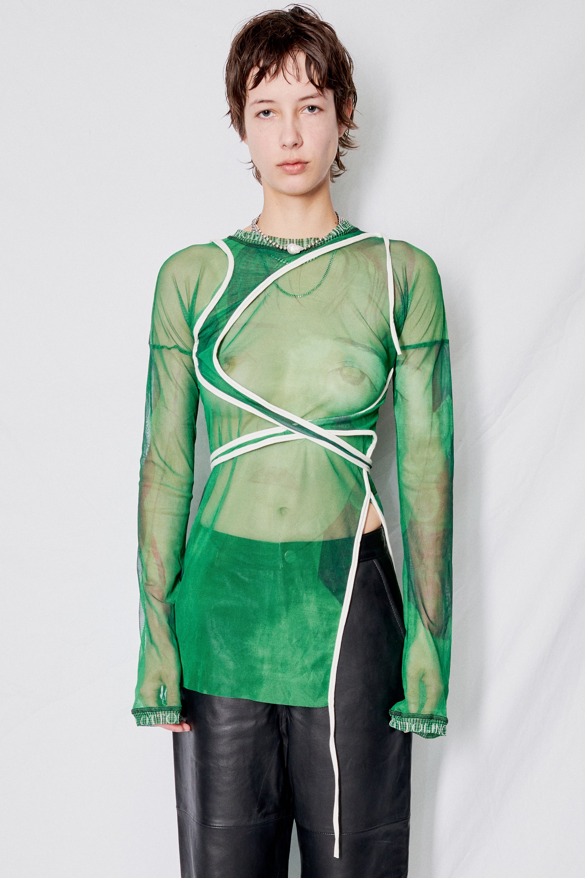 Ottolinger Mesh Wrap Long Sleeve Top - Green Brook Print | Garmentory