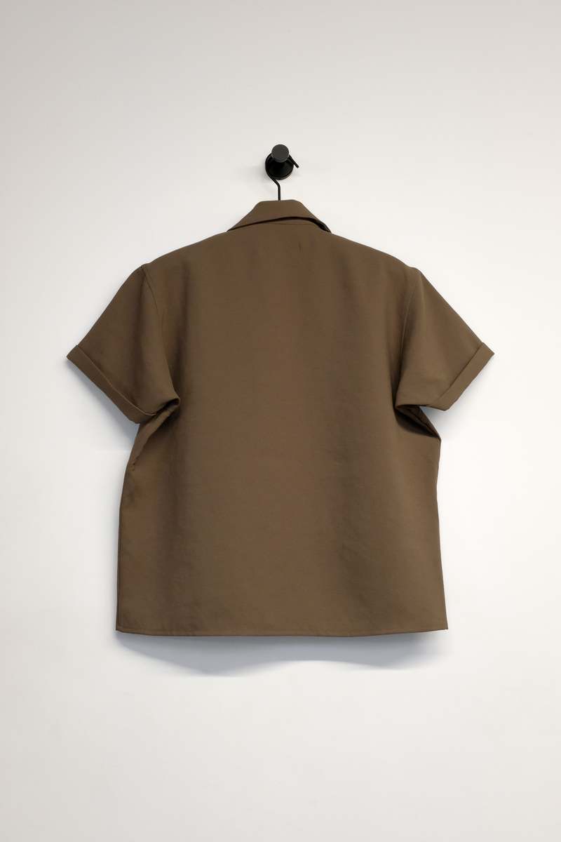 SECOND/LAYER Cropped Open Collar Short Sleeve Shirt - Khaki