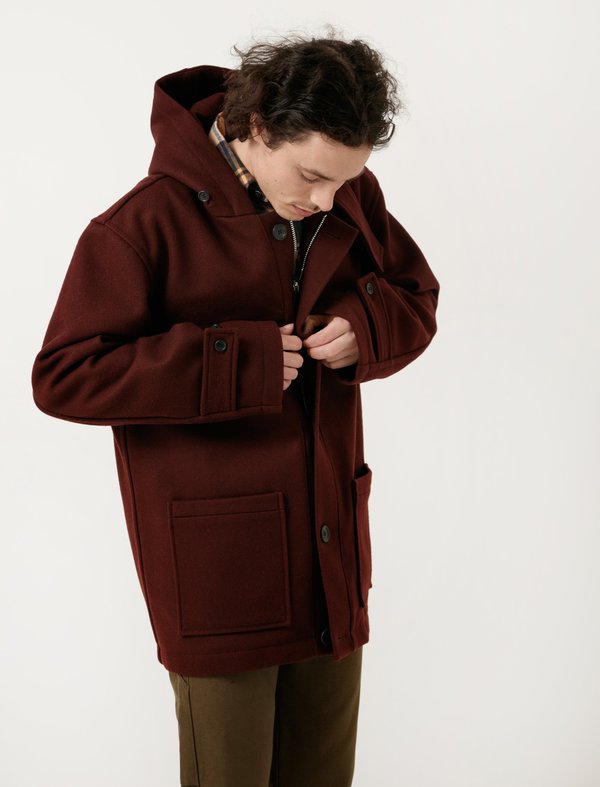 maroon duffle coat