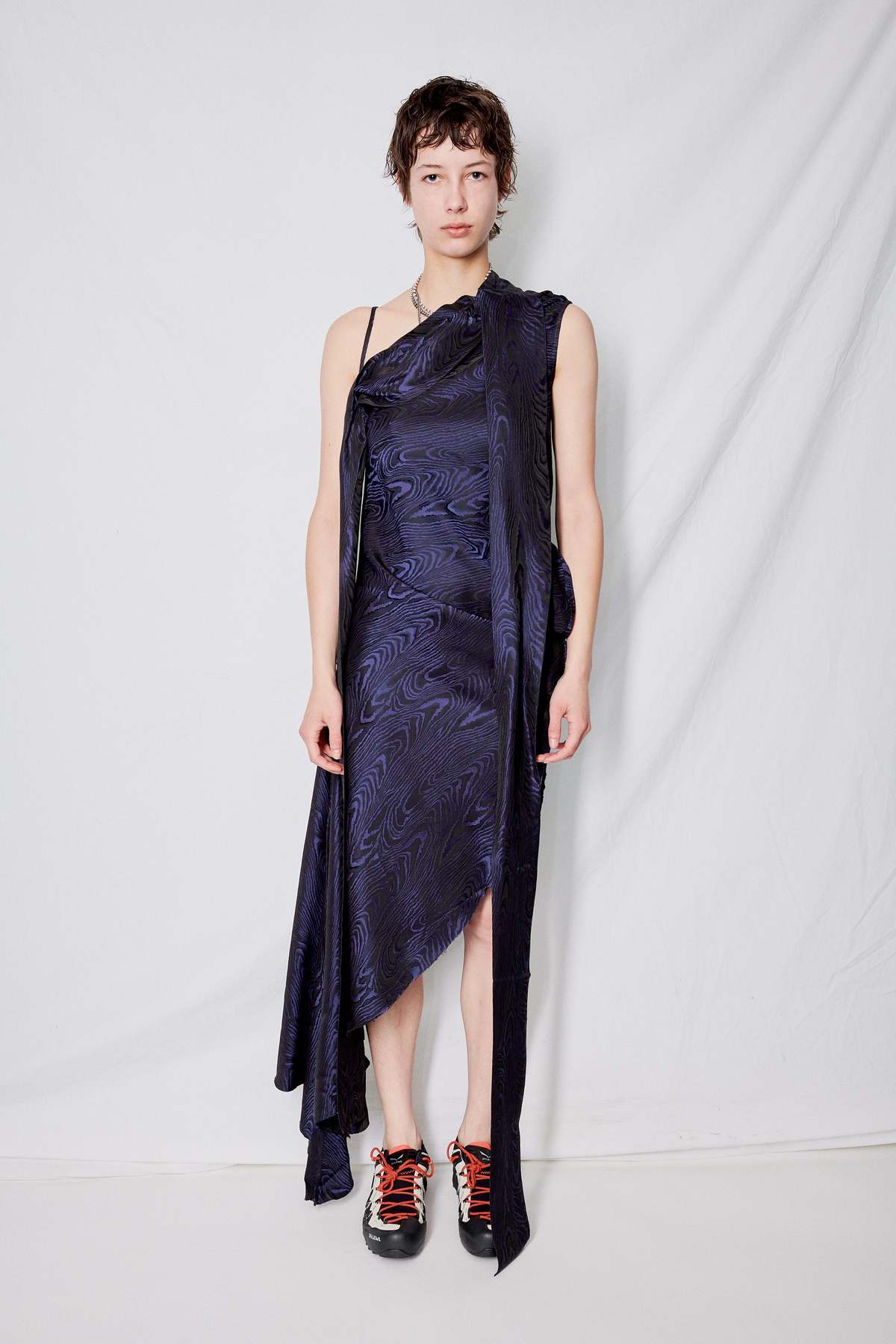 moire silk dress Daisy Printed Moir Silk Dress with Ruffle Detail And Scarf