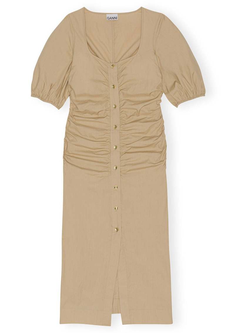 Ganni Cotton Poplin Gathered Open-Neck Maxi Dress - Curds