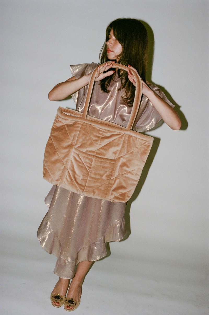 Electric Feathers Reversible Chevron Tote Bag Caramel Velvet