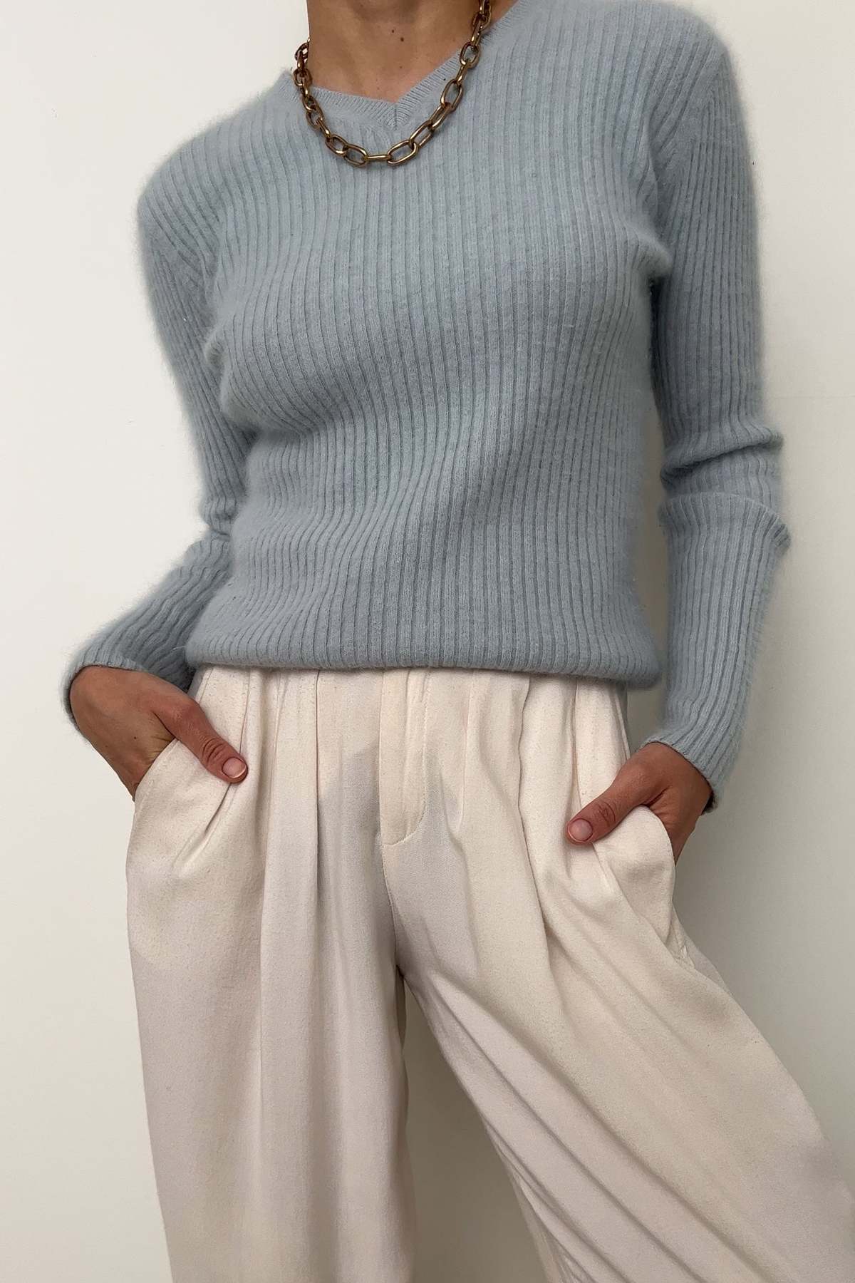 Vintage Angora Blend V Neck Sweater Baby Blue Garmentory
