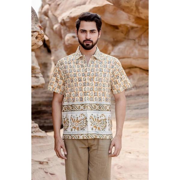 益*男様 KHOKI Kalamkari shirt Buy Green - Men Kalamkari Block Printed Cotton Half Sleeve