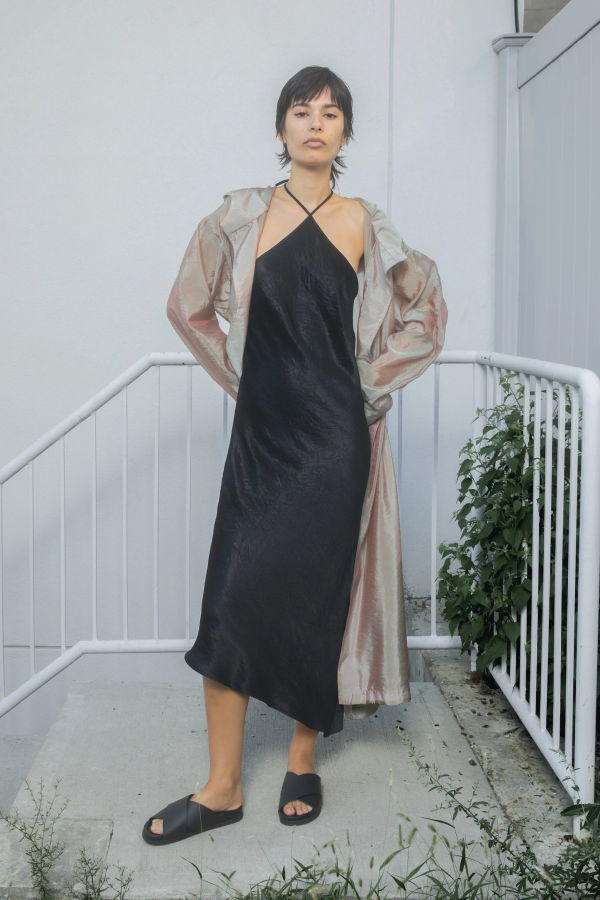 Nomia Crinkle Satin Halter Bias Dress - Black