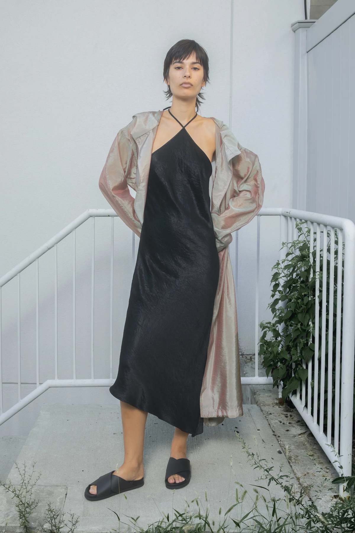 Nomia Crinkle Satin Halter Bias Dress - Black - Image 1 of 2