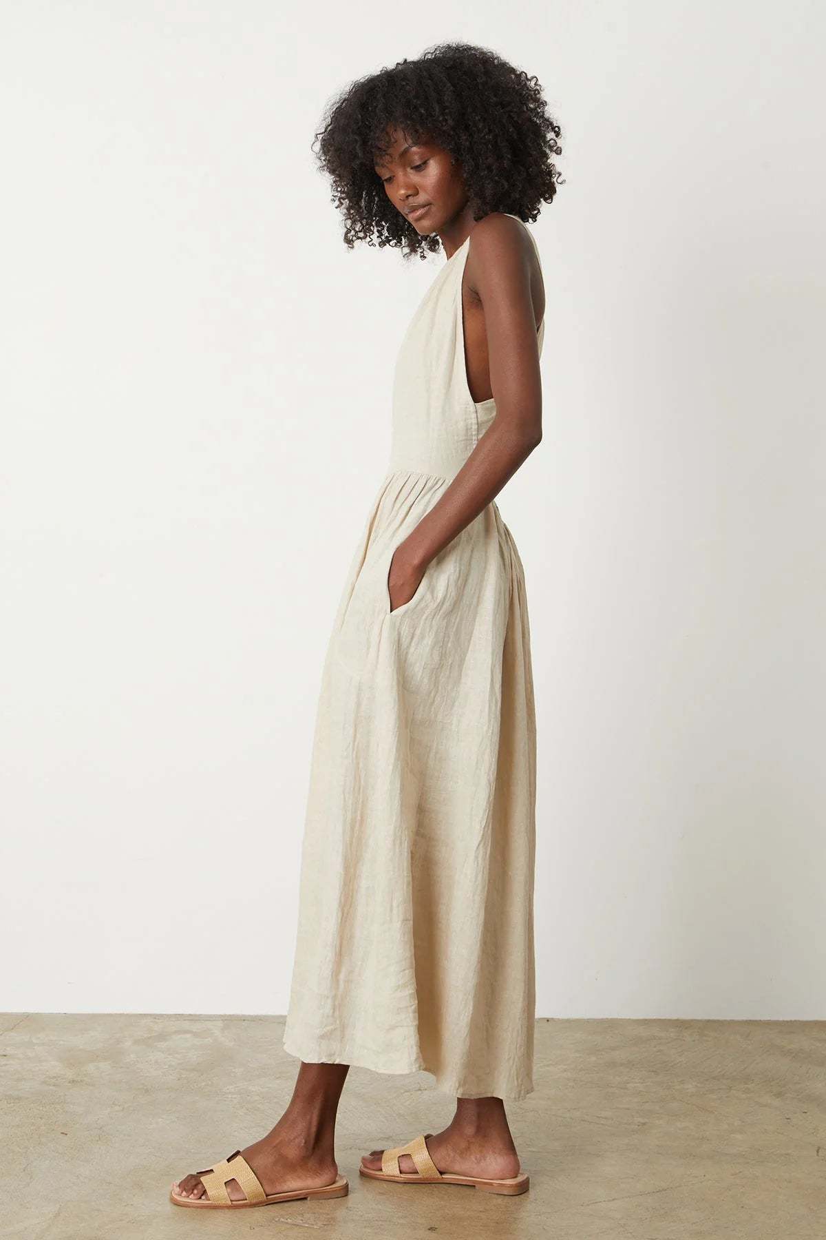Velvet Polly Tri Back Linen Dress - Sand | Garmentory Velvet Polly Tri Back Linen Dress - Sand | Garmentory