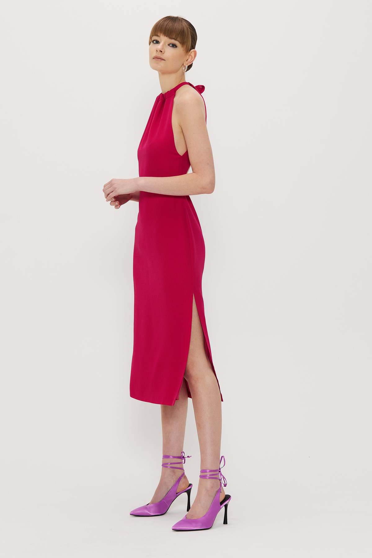 knee length dresses for ladies Magenta Split Neck Puff Short Sleeve Tiered Midi Dress – SSYS