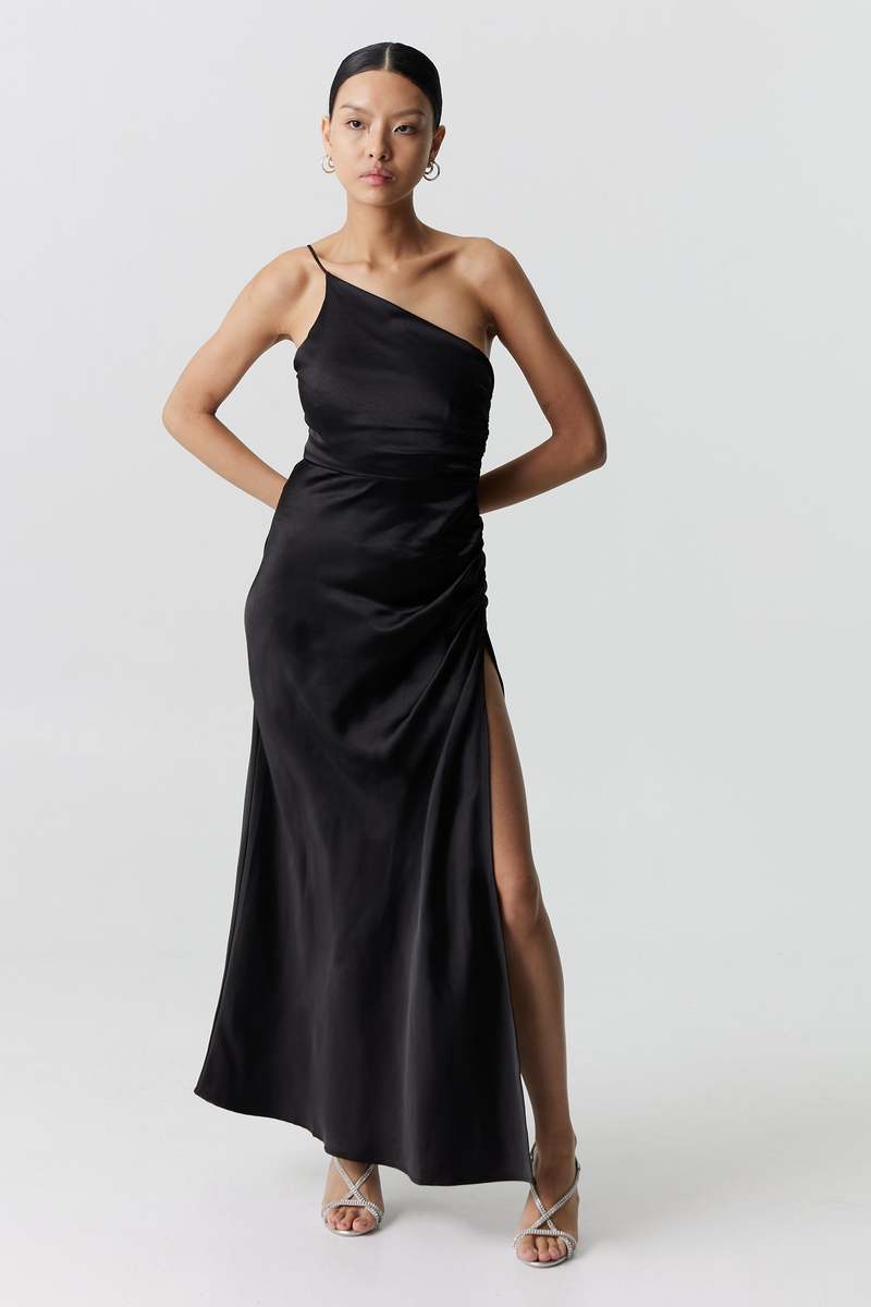 Third Form Satin Gather One Shoulder Dress - Black | Garmentory