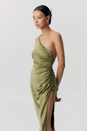 Third Form Satin Gather One Shoulder Dress - Olive | Garmentory