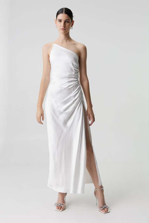 Third Form Satin Gather One Shoulder Dress - Powder White | Garmentory