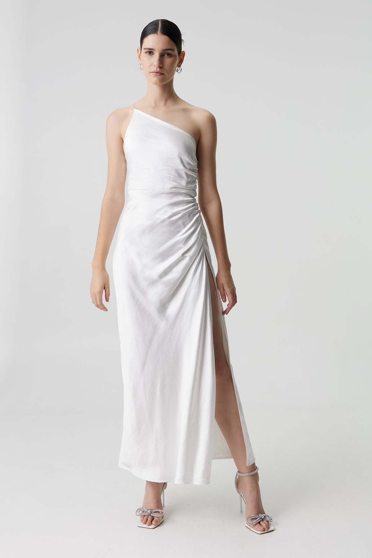 third form one shoulder dress SATIN GATHER ONE SHOULDER DRESS | OLIVE  THIRD FORM