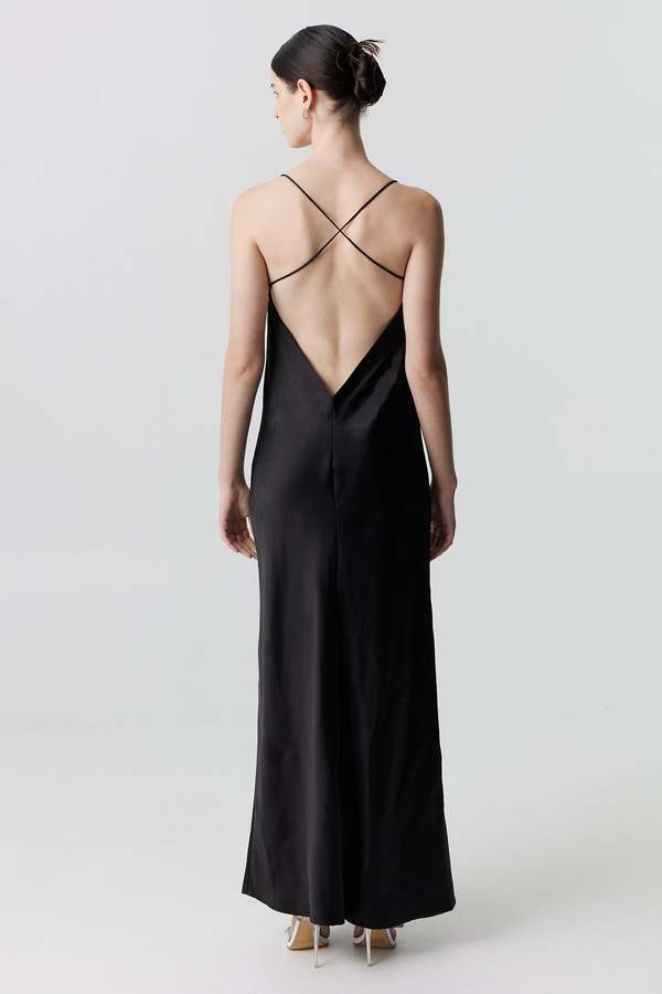 black dresses for girls Black Satin Split Gown | Off Shoulder | Train