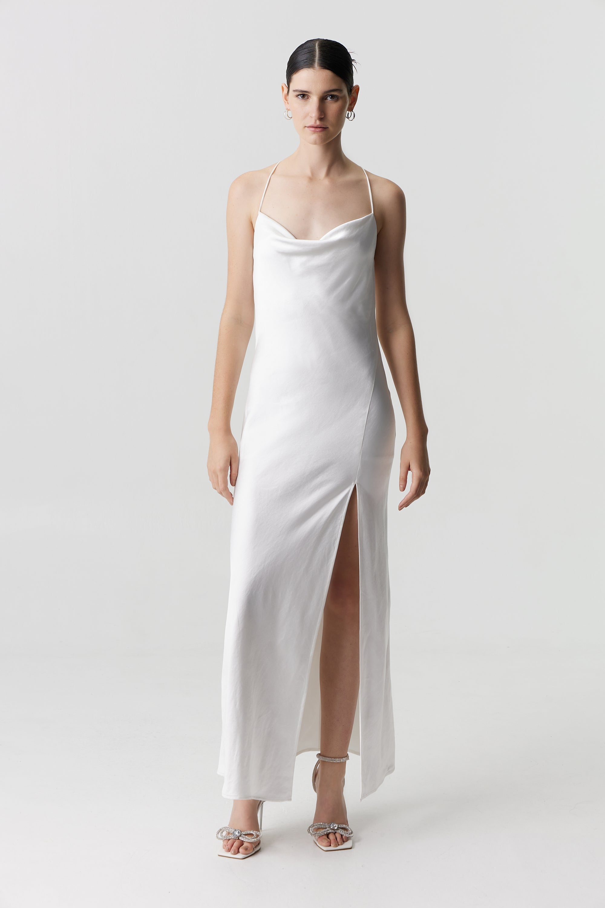 white silk dress with split Secret Sweetheart Neckline Split Maxi Dress White